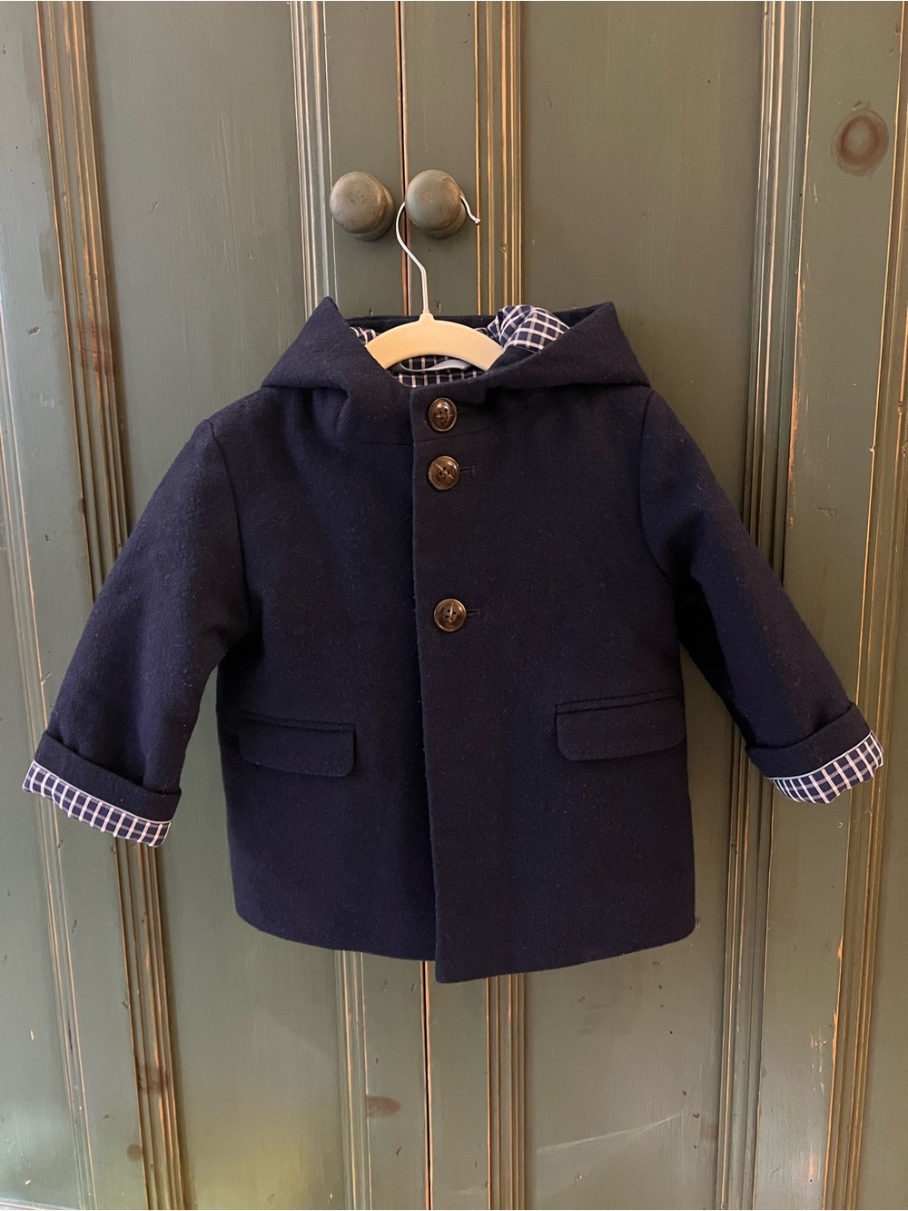 Cyrillus Navy Hooded Coat wool blend with Check Interior - 18M